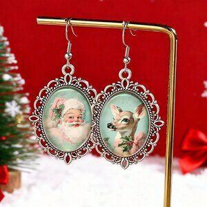 Christmas Santa Reindeer Mismatch Cabuchon Earrings